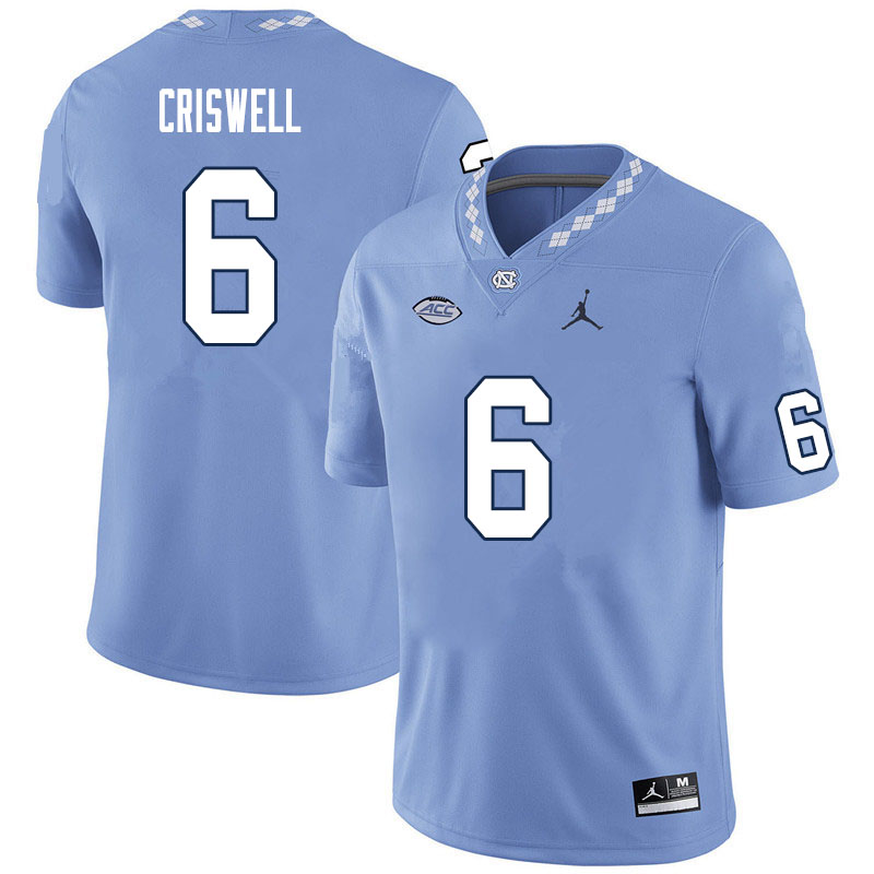 Men #6 Jacolby Criswell North Carolina Tar Heels College Football Jerseys Sale-Carolina Blue